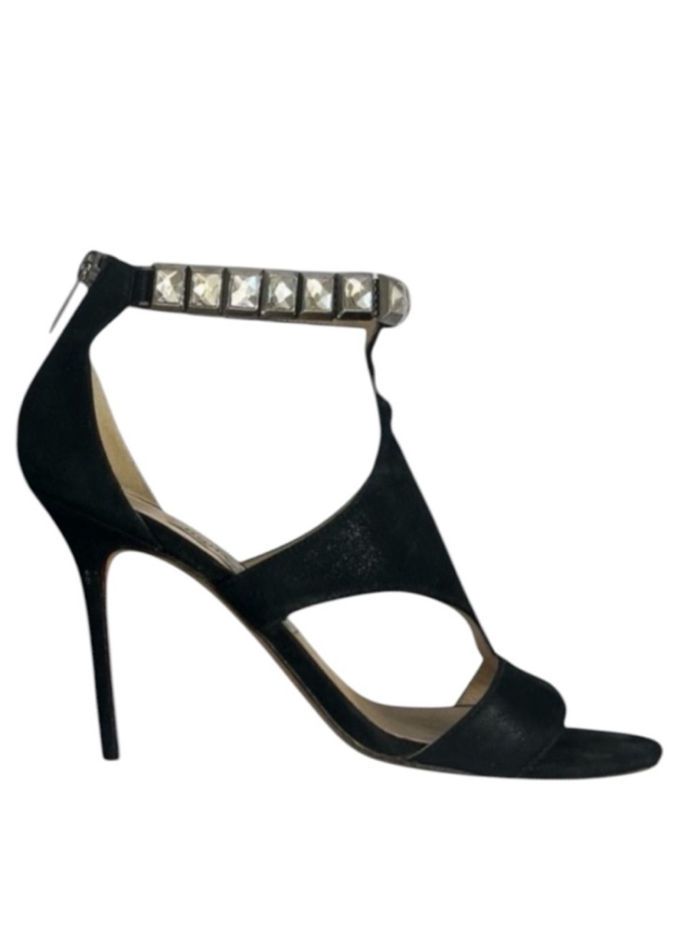 Jimmy Choo Halo Shimmer Suede Crystal Heels Ankle T-Strap W 7 Black